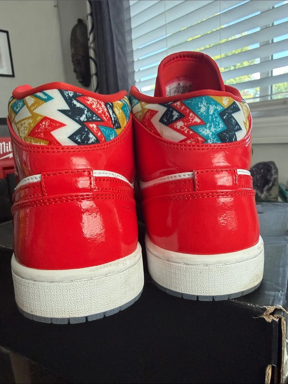 Jordan Red White High-Top Sneakers with Patterned Collar